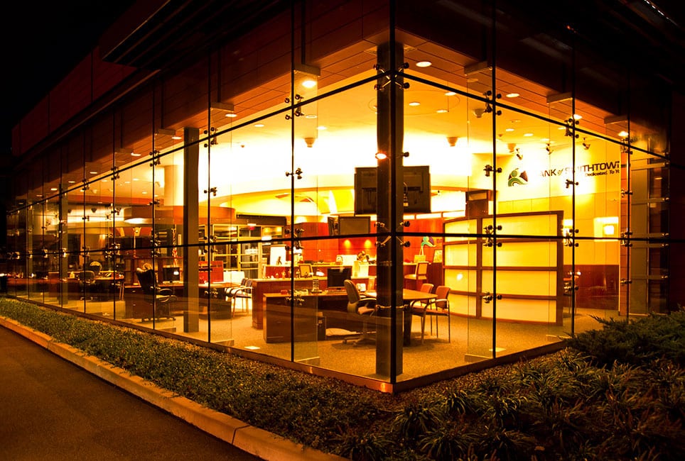 Smithtown bank exterior at night