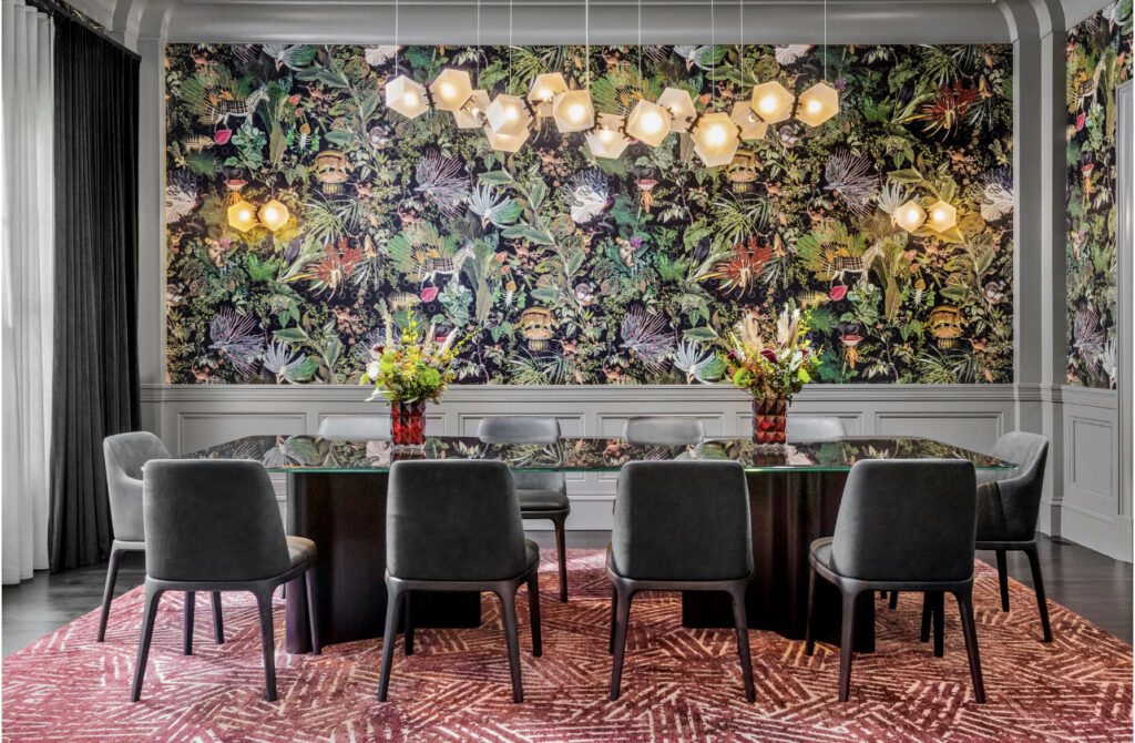 Roslyn Residence Dining room with floral wallpaper