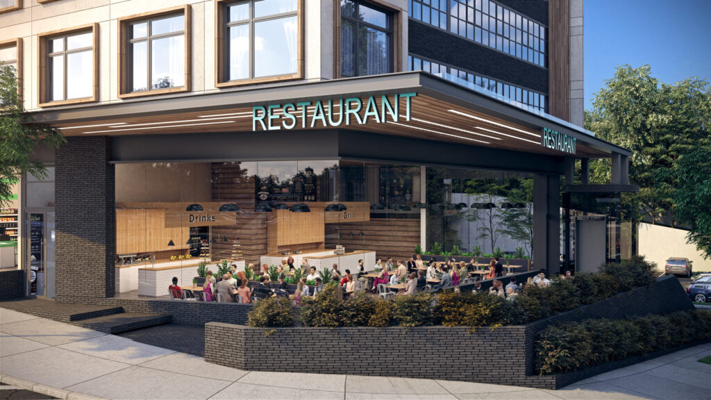 Modern corner restaurant with glass walls and a bustling outdoor patio, featuring wood-paneled interiors and teal “RESTAURANT” signage.
