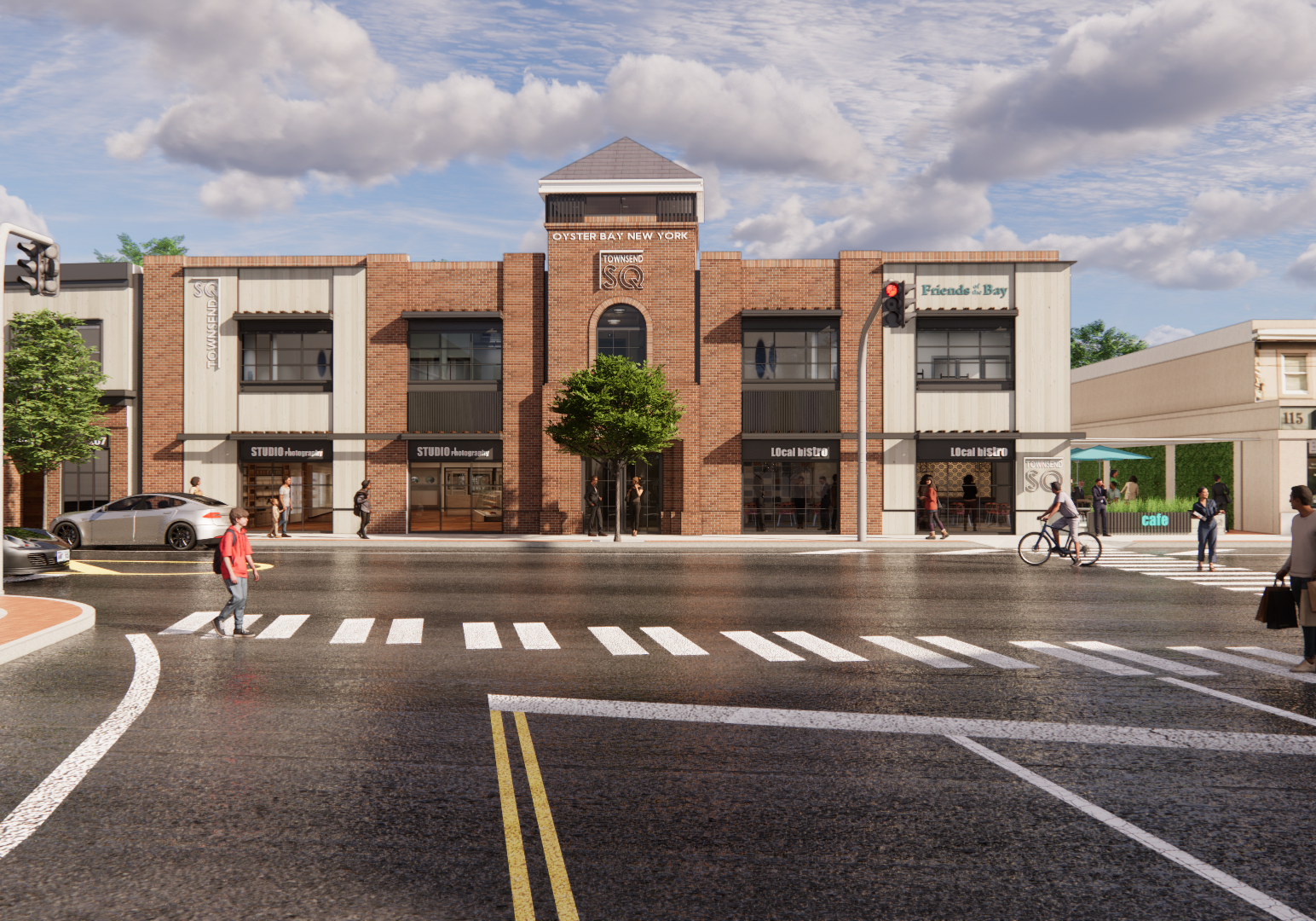 Landscape view of townsend square local project with luxury innovative retail design and small modern strip mall design